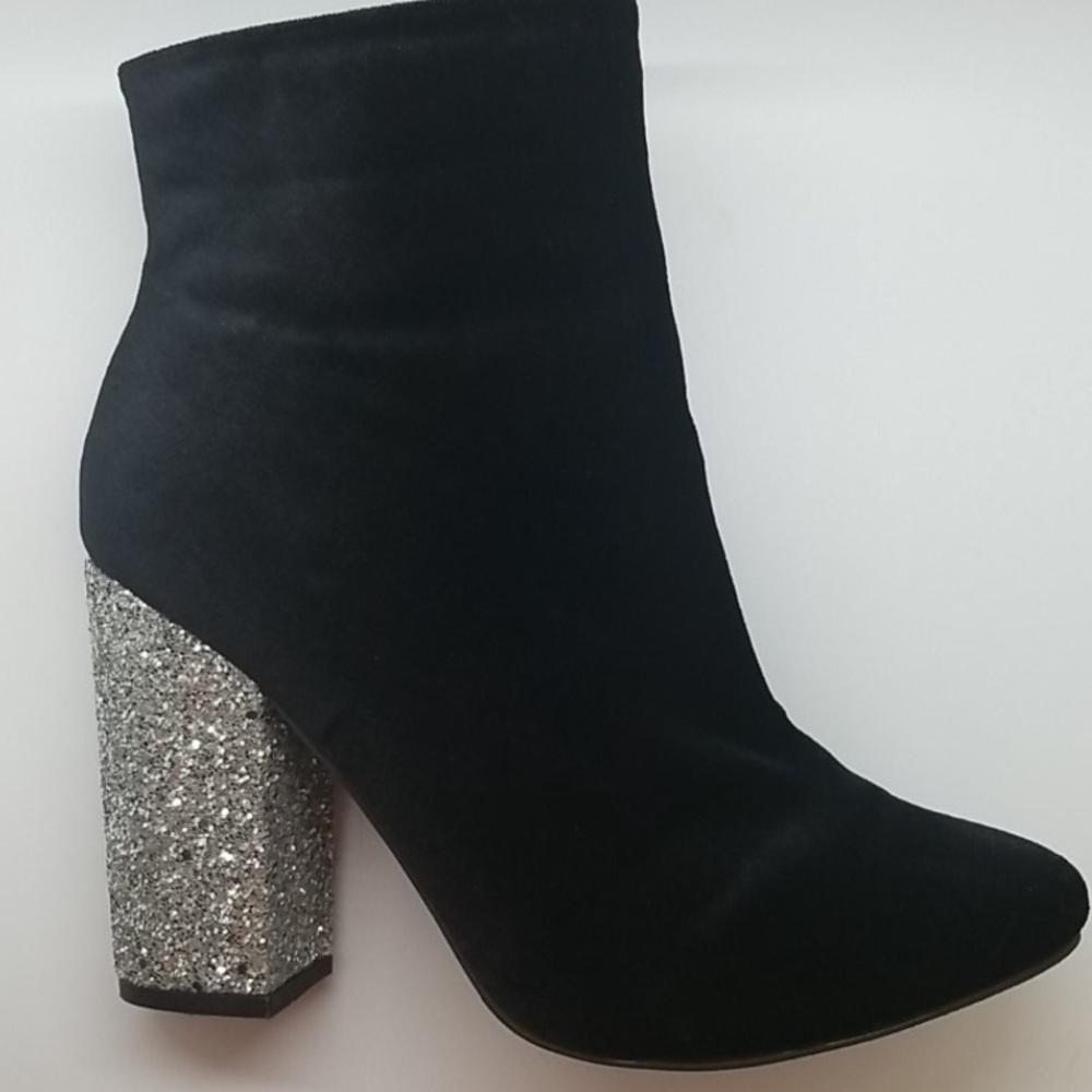 Black Velvet Boots with Silver Glitter Heel